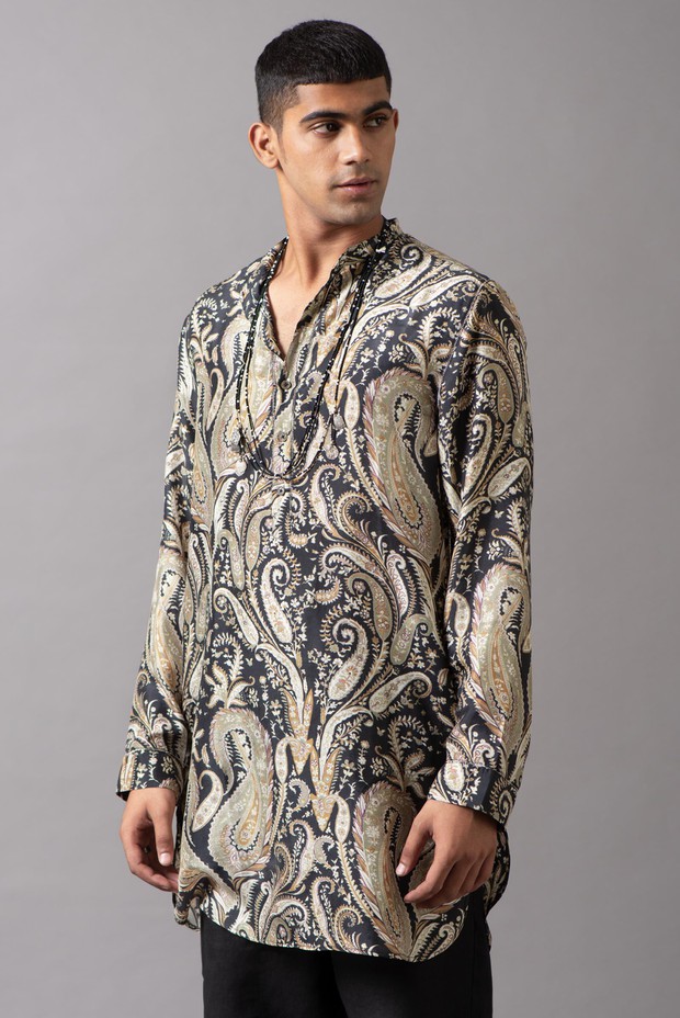 Marrakech Band Collar Silk Kurta (Black White)