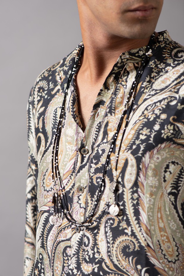 Marrakech Band Collar Silk Kurta (Black White)