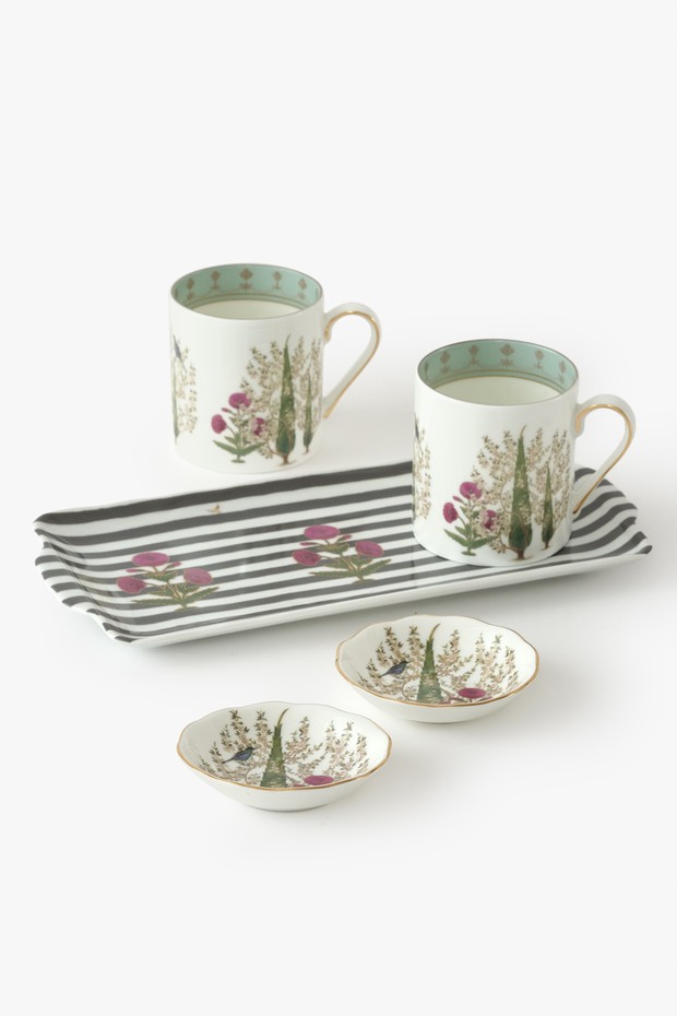 Service For 2- Mughal Garden Tea Mugs & Mini Dishes With Petit Tray